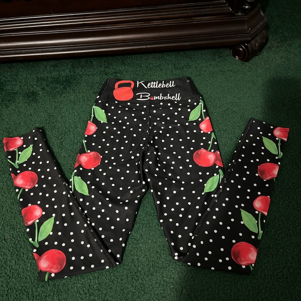 Kettlebell Bombshell Cherry Polka Dot Leggings NWOT